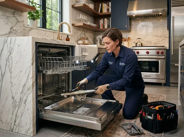 Appliance Repair Hero technician servicing a built-in dishwasher in a Bellevue, NE kitchen