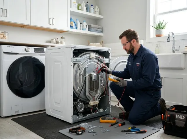 Appliance Repair Hero technician checking a dryer heating element with the rear panel off in Bellevue, NE