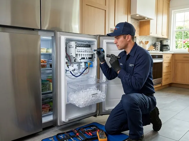 Appliance Repair Hero technician repairing a refrigerator ice maker in Bellevue, NE