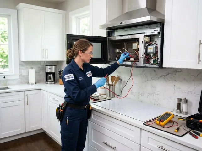 Appliance Repair Hero technician testing an over-the-range microwave in a Bellevue, NE kitchen