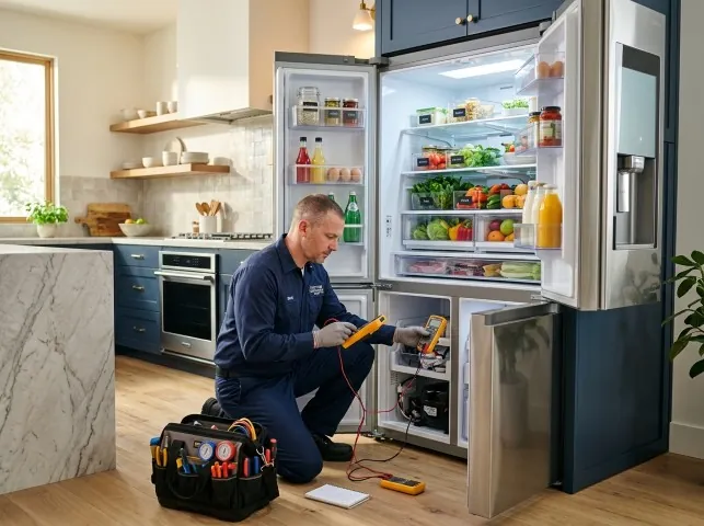 Appliance Repair Hero refrigerator technician testing a fridge on a Bellevue, NE service call