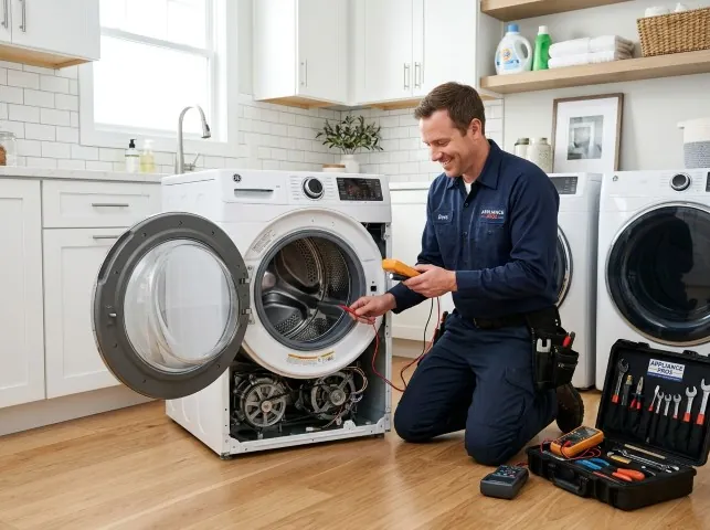 Appliance Repair Hero technician testing a front-load washer with a multimeter on a Bellevue, NE service call